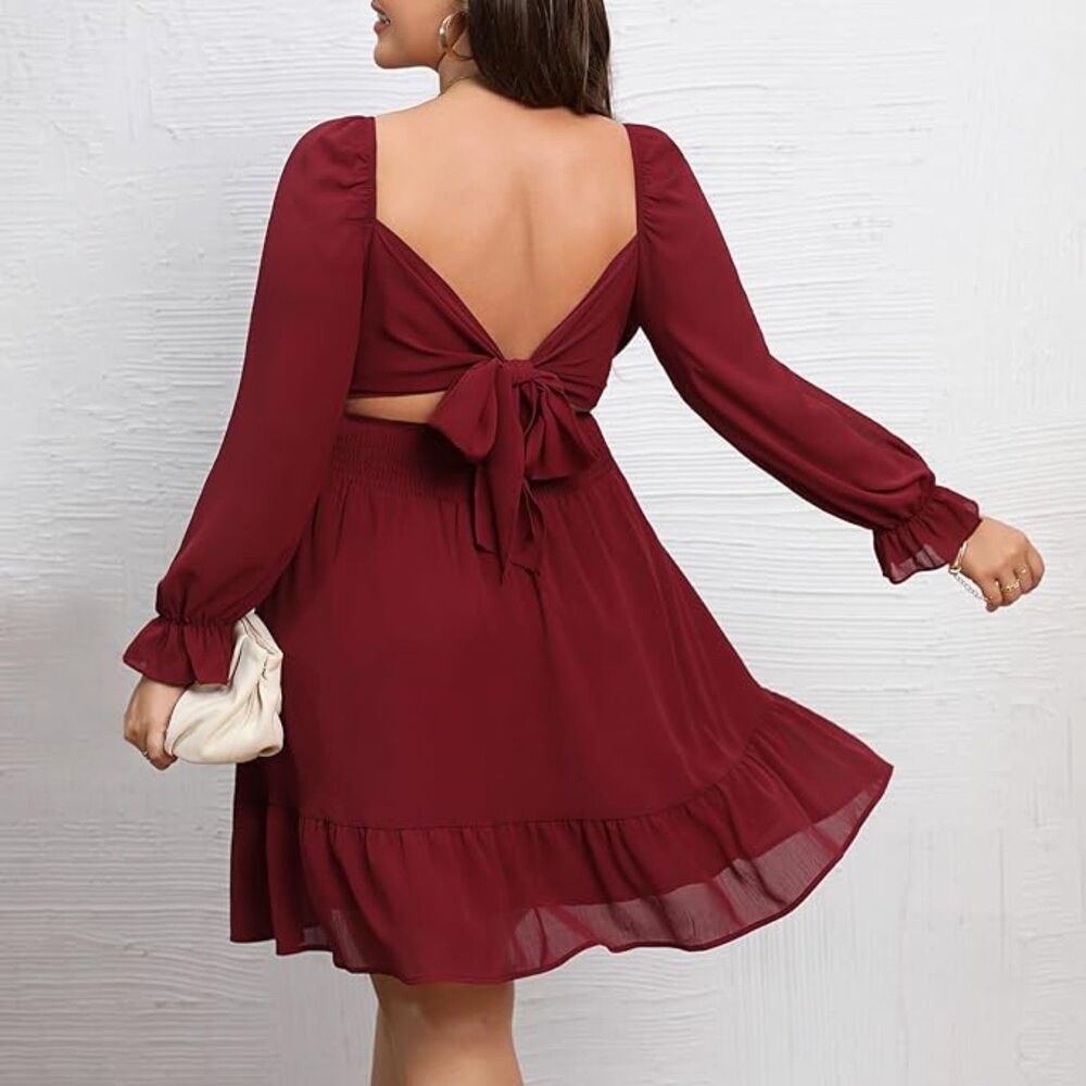 Byinns Open Tie Back Square Neck Lantern LS Elastic Waist Mini Dress SZ XXL:NWT - Picture 2 of 16